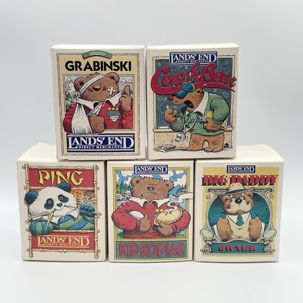 Vintage 1996 Lands' End Bear Ornament Set 5 Kodak Ping Coach Big Daddy Grabinski